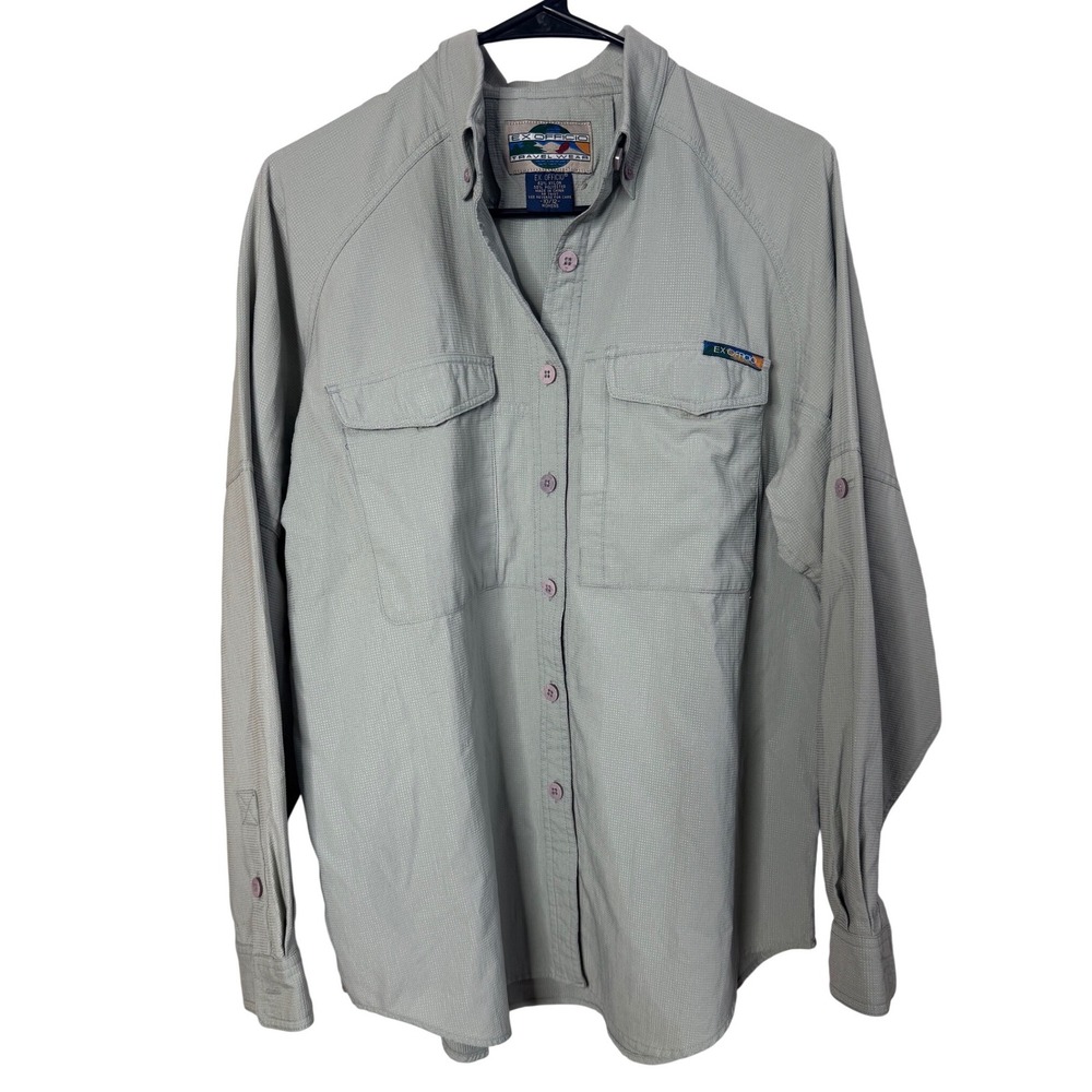 ExOfficio Womens Sage Green Travel Hiking Shirt Button Up Roll Tab Size 10/12
